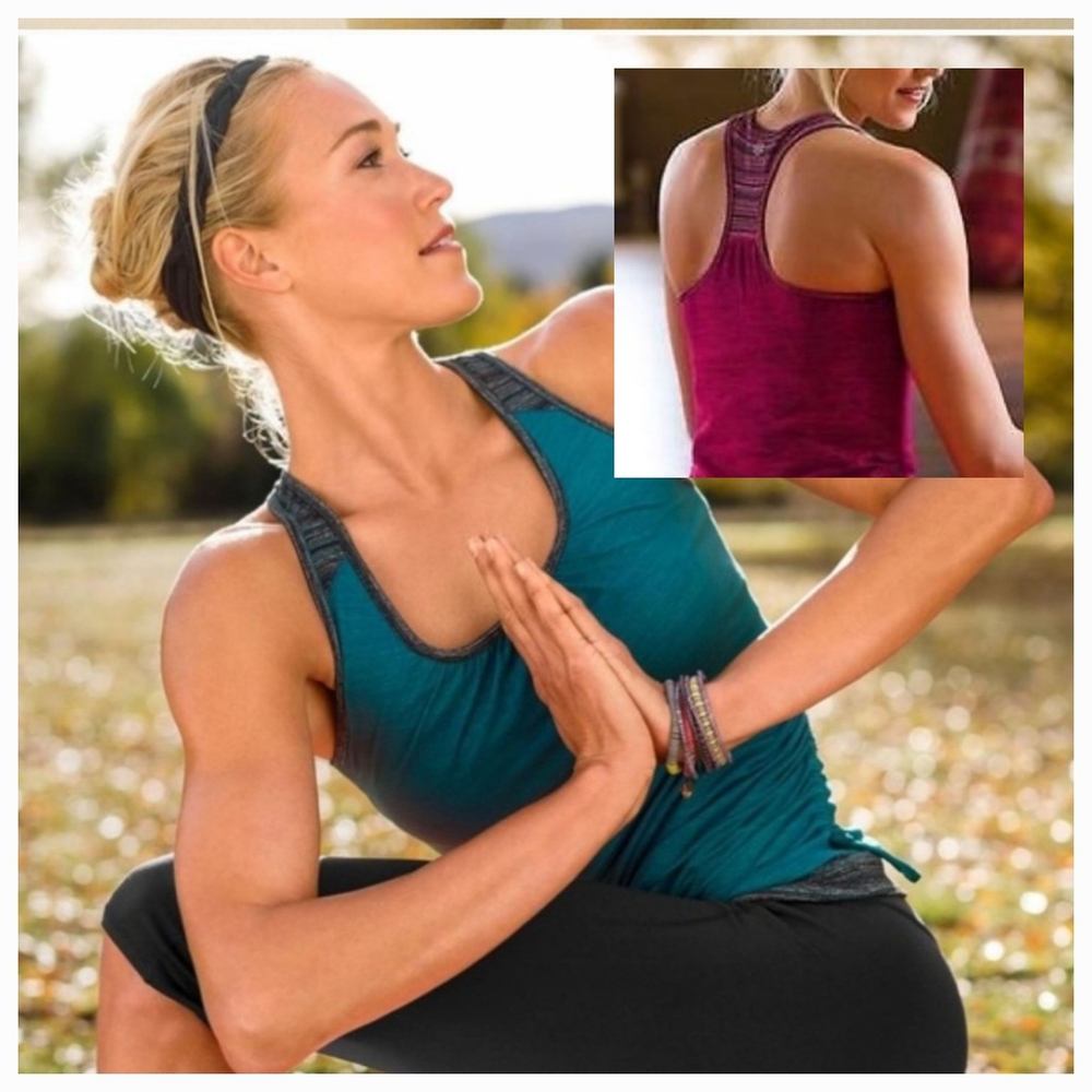 Two Athleta Royal Pigeon Layered Cinch Side Yoga Racer Back Tank Tops sz M - Picture 2 of 12